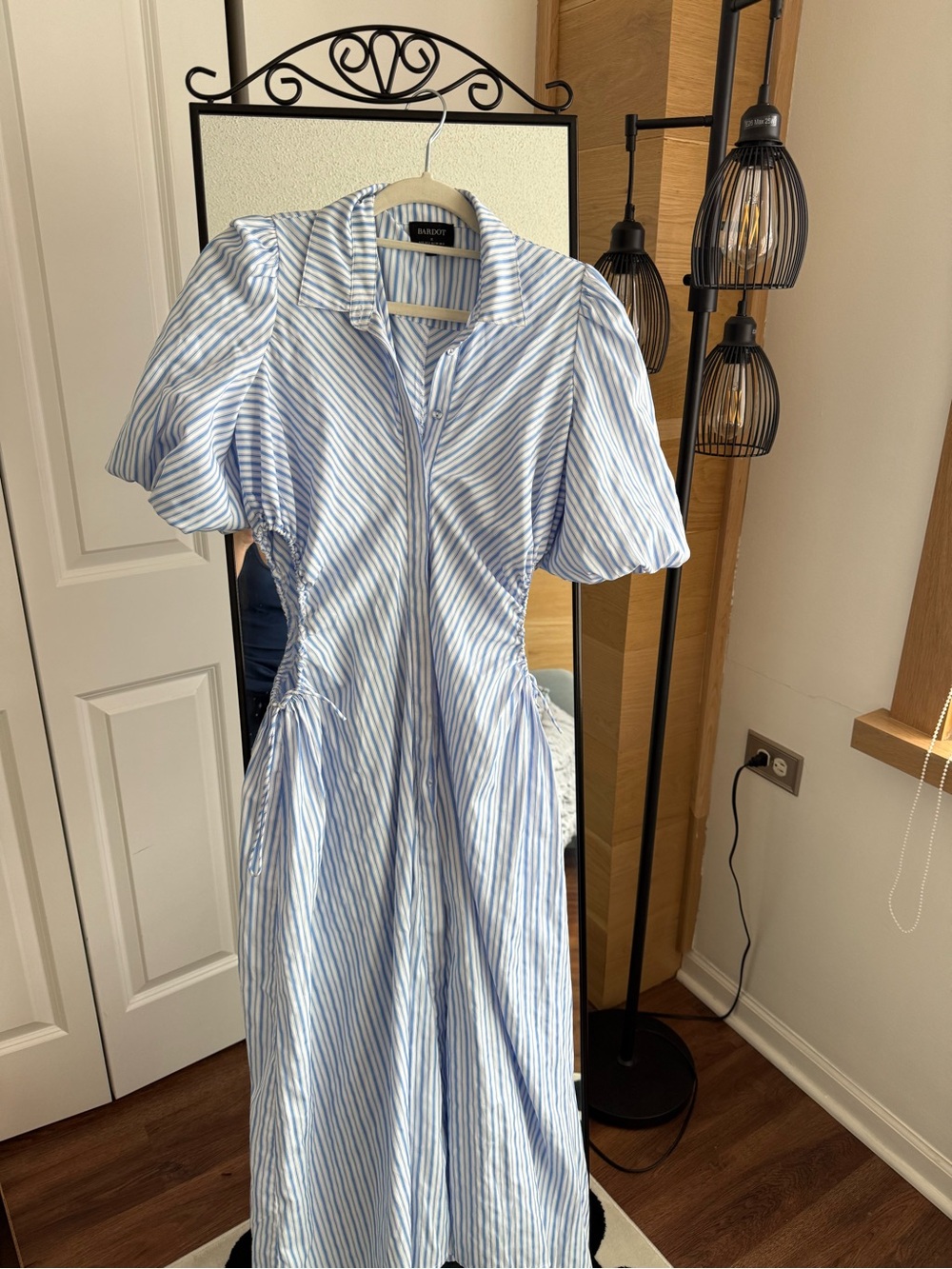 Bardot Light Blue & White Striped Puff Sleeve Midi Dress